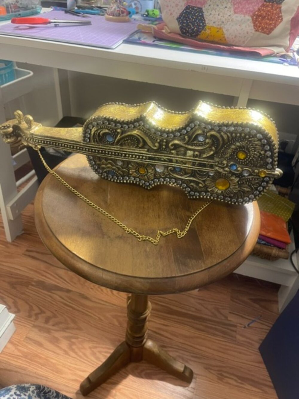 Vintage Jeweled Violin Wall Hanging Gold Rhinestone Hollywood Regency Decor